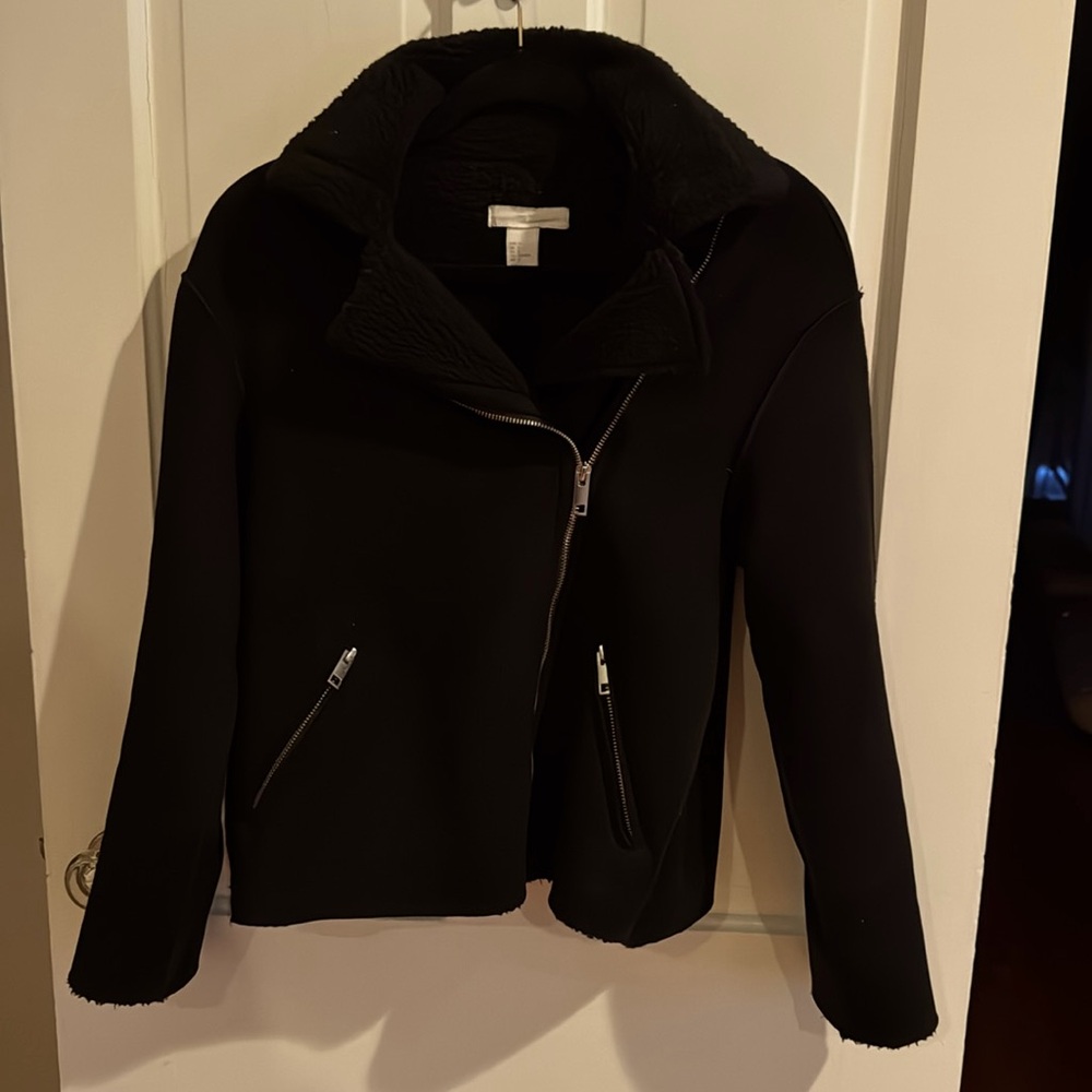 Suede with faux shearling bomber style Coat with zipper details, like new size 2